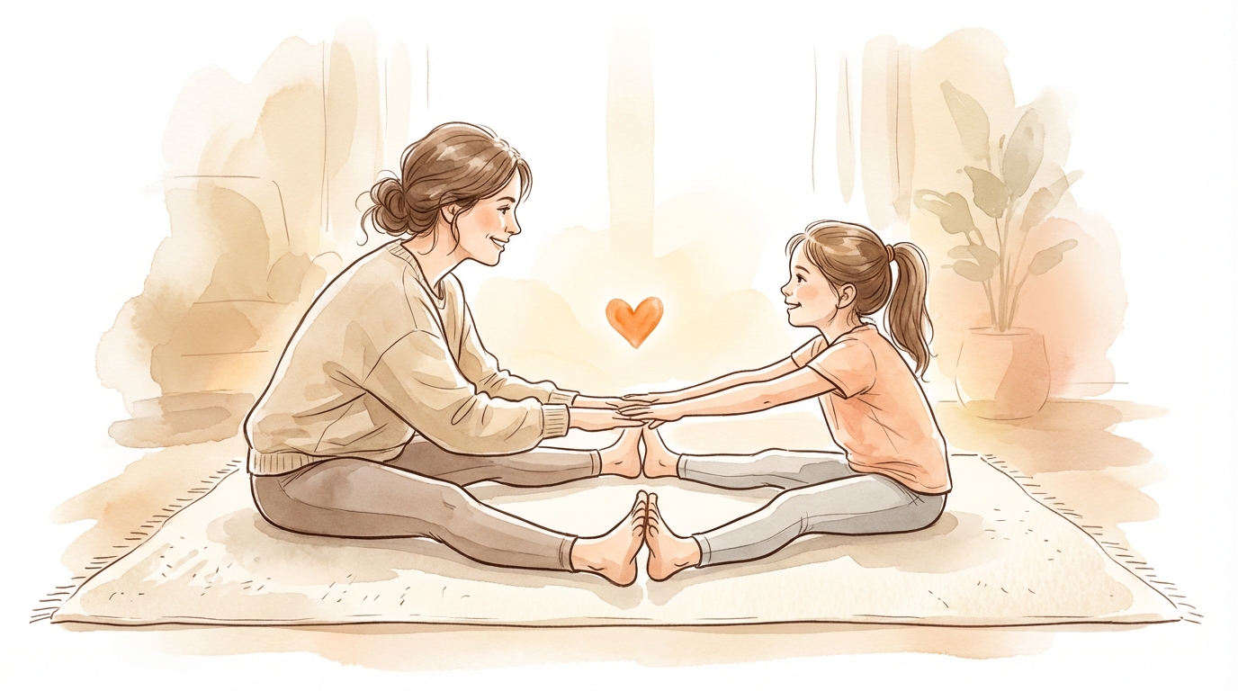 부모와 아이가 함께 매트 위에서 브릿지 자세를 하며 웃는 모습