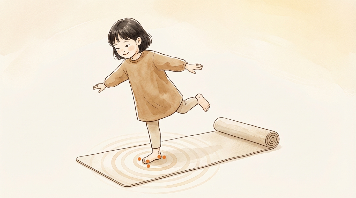 아이가 한 발로 서서 균형을 잡는 모습, 강사가 옆에서 부드럽게 안내